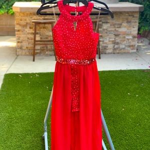 Red romper with walk thru skirt, Size 10